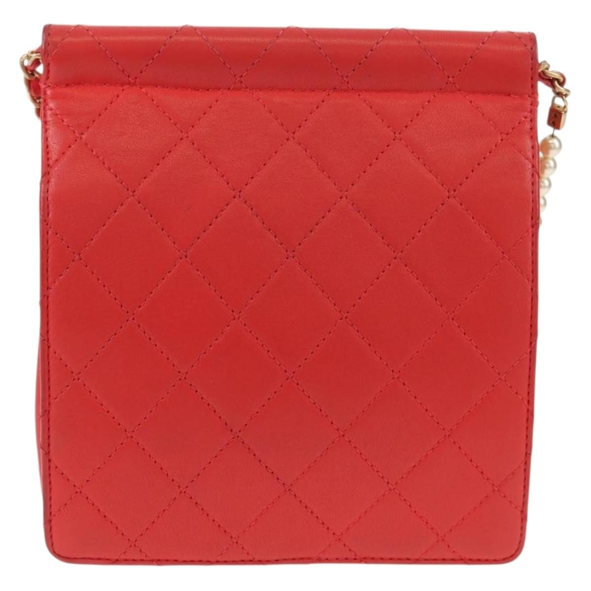Chanel Pearl Chain Flap Bag Quilted Lambskin, RED, CALFSKIN, Clutche & pouche
