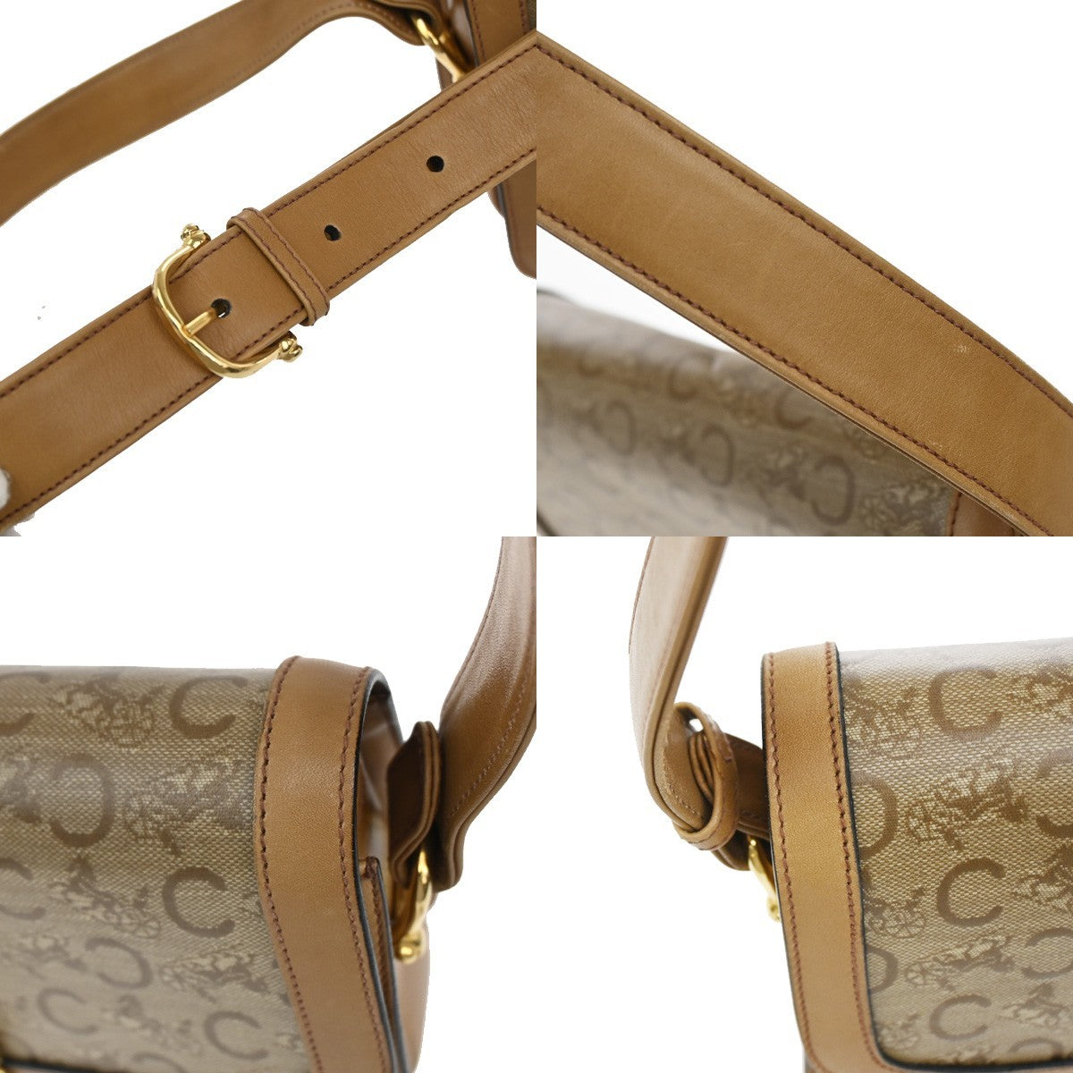 Celine Vintage Horse Carriage C Macadam Shoulder Bag Canvas and Leather, BEIGE, CANVAS, Shoulder bag
