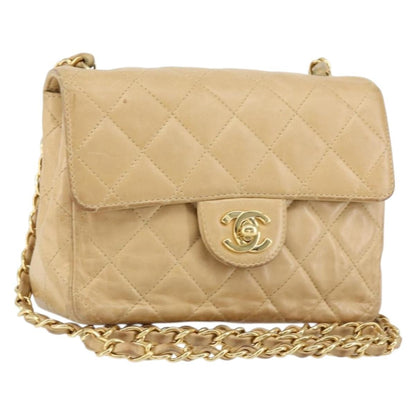 Chanel Vintage Square Classic Single Flap Bag Quilted Lambskin, BEIGE, LEATHER, Shoulder bag