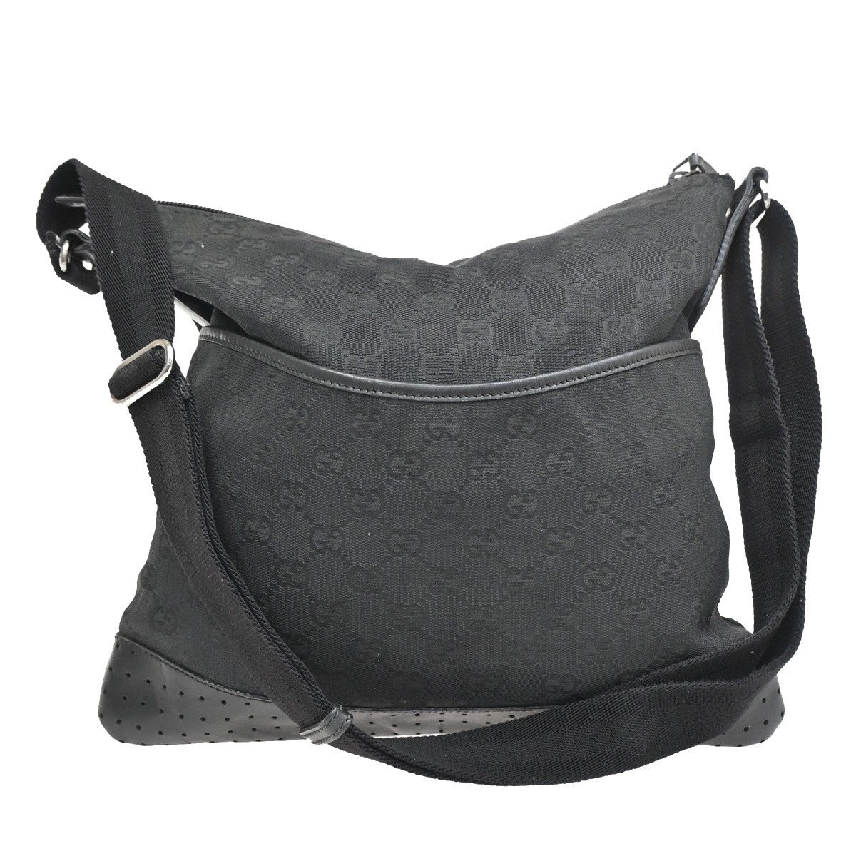 Gucci Zip Messenger GG Canvas with Perforated Leather, BLACK, CANVAS, Shoulder bag