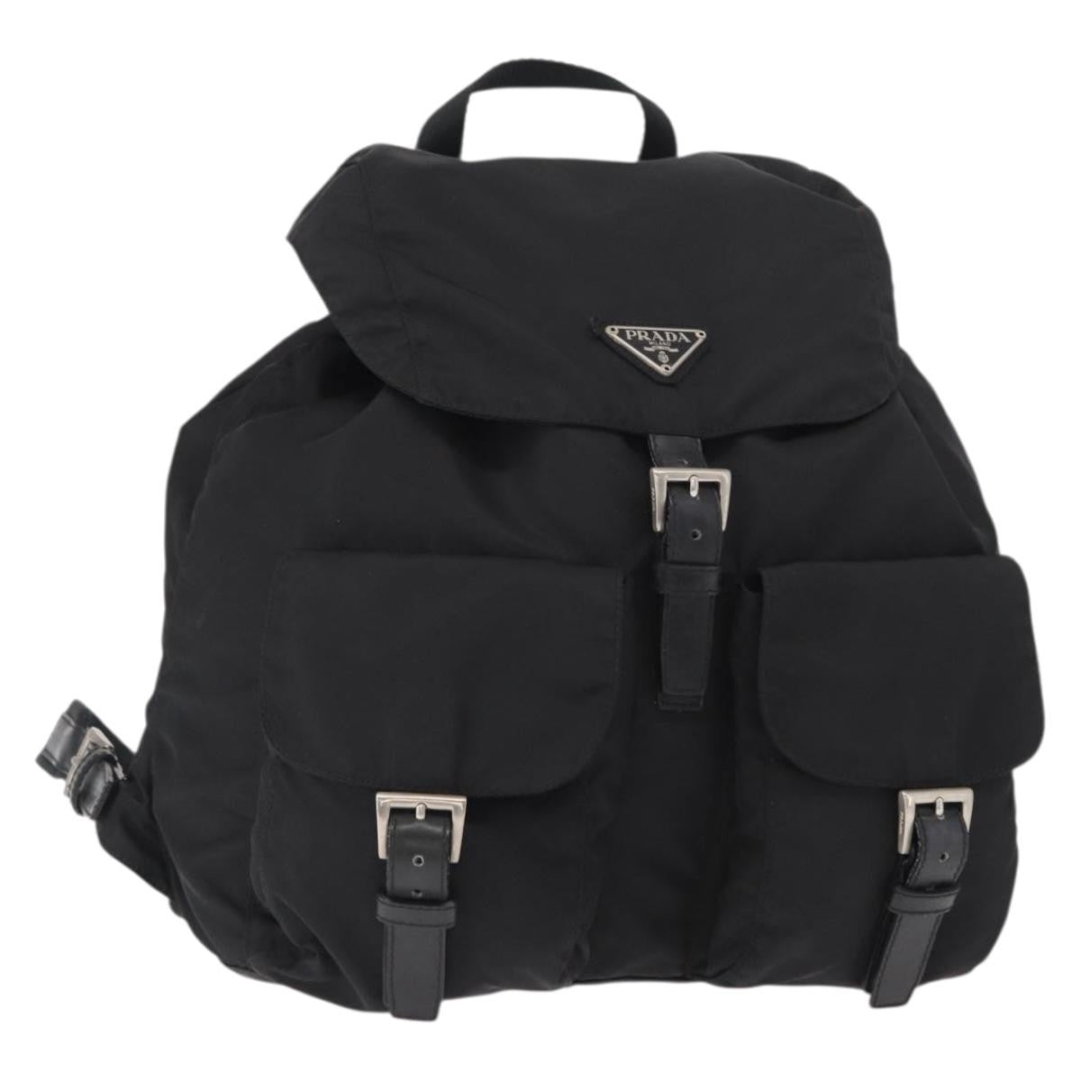 Prada Vela Double Front Pocket Backpack Tessuto with Saffiano Leather, BLACK, NYLON, Backpack