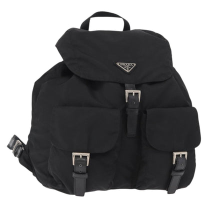Prada Vela Double Front Pocket Backpack Tessuto with Saffiano Leather, BLACK, NYLON, Backpack