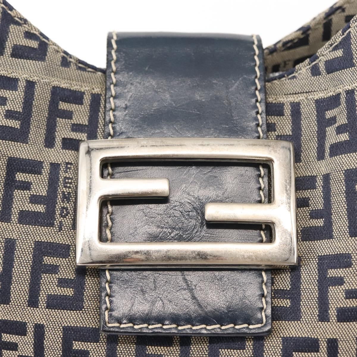 Fendi Belted Flap Shoulder Bag Zucchino Coated Canvas, NAVY, CANVAS, Shoulder bag