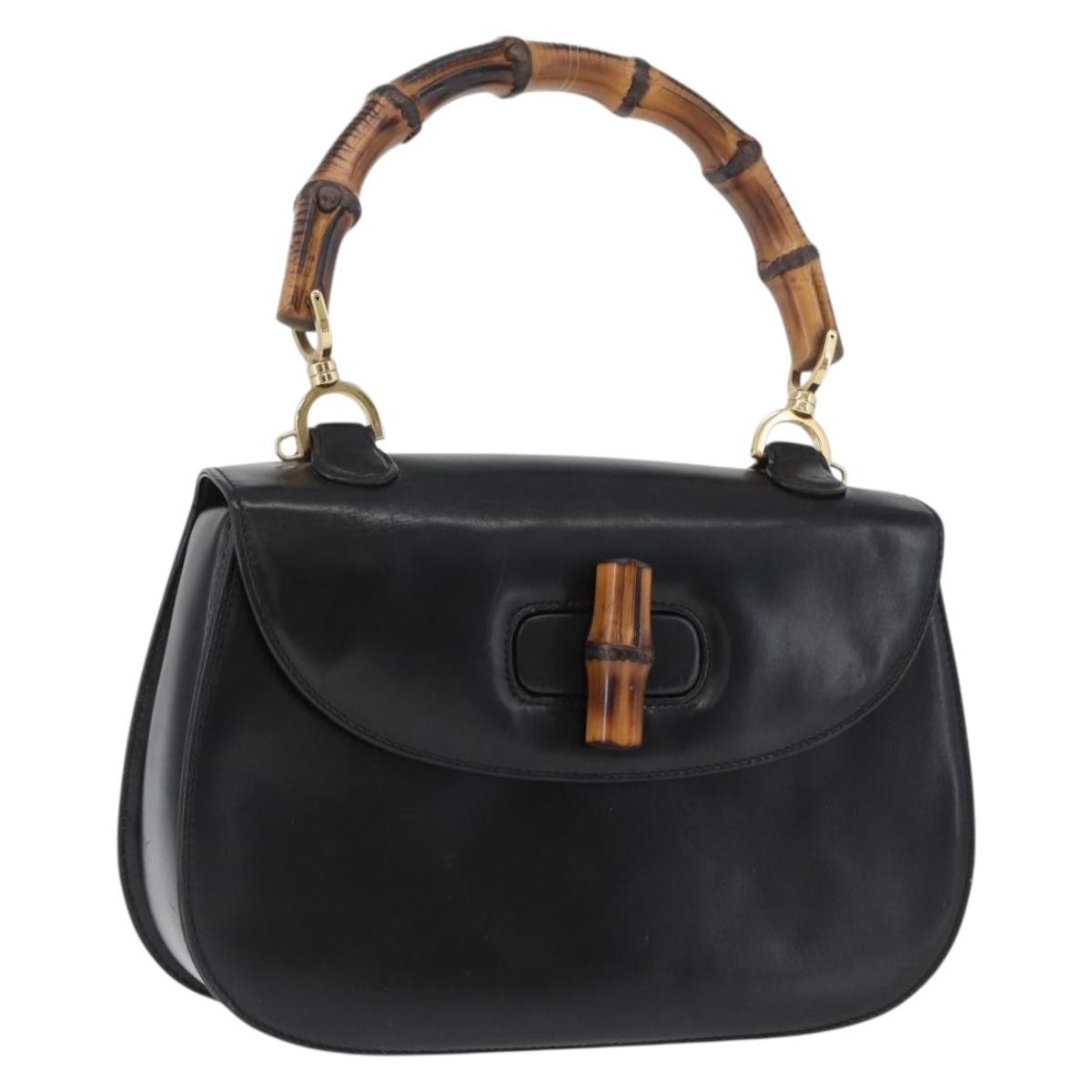 Gucci Vintage Convertible Bamboo Top Handle Bag Leather, BLACK, LEATHER, Handbag