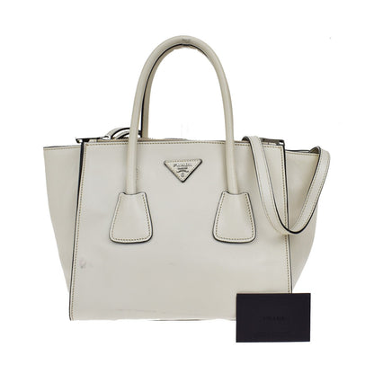 Prada Twin Pocket Shopping Tote City Calfskin, WHITE, LEATHER, Handbag