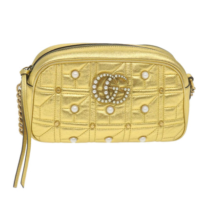 Gucci Pearly GG Marmont Shoulder Bag Embellished Matelasse Leather, GOLD, LEATHER, Shoulder bag