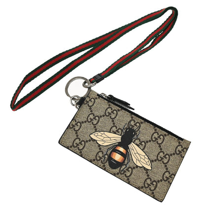 Gucci Bee Card Holder Printed GG Coated Canvas, BROWN, LEATHER, Wallets
