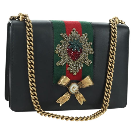 Gucci Web Peony Chain Shoulder Bag Embellished Leather, Black, Leather, Shoulder Bag