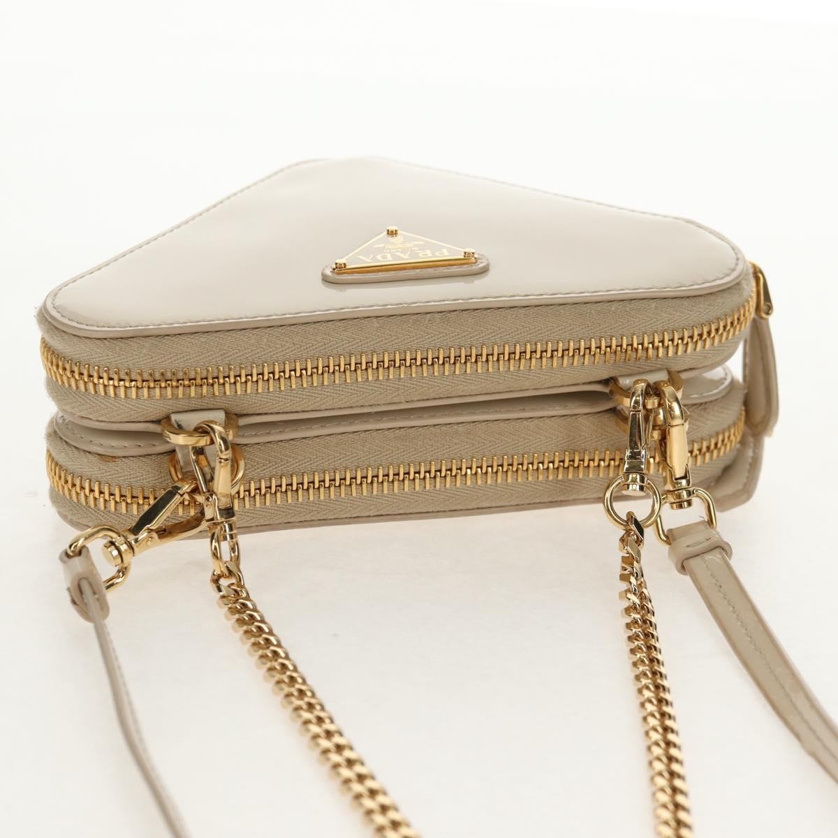 Prada Triangle Double Zip Pouch Bag with Chain Patent leather, BEIGE, PATENT_LEATHER, Clutche & pouche