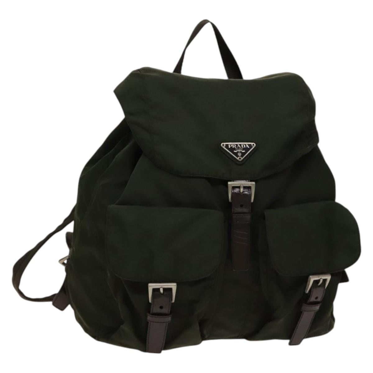 Prada Vela Double Front Pocket Backpack Tessuto with Saffiano Leather, Khaki, Nylon, Backpack