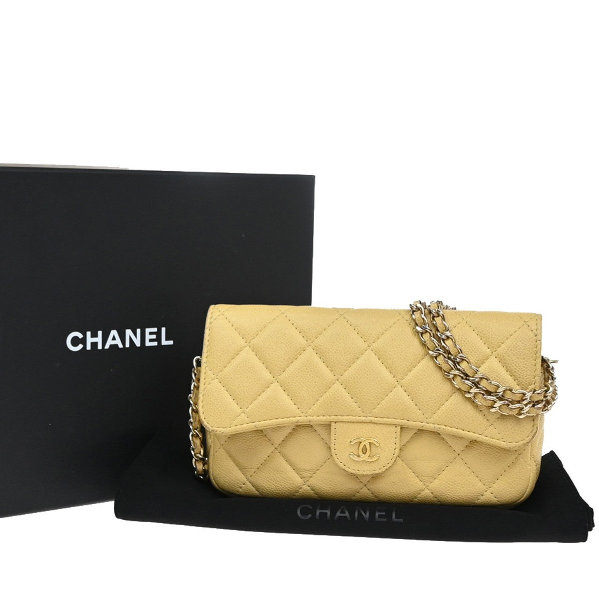 Chanel Classic Sunglasses Case with Chain Quilted Caviar, BEIGE, LEATHER, Clutche & pouche