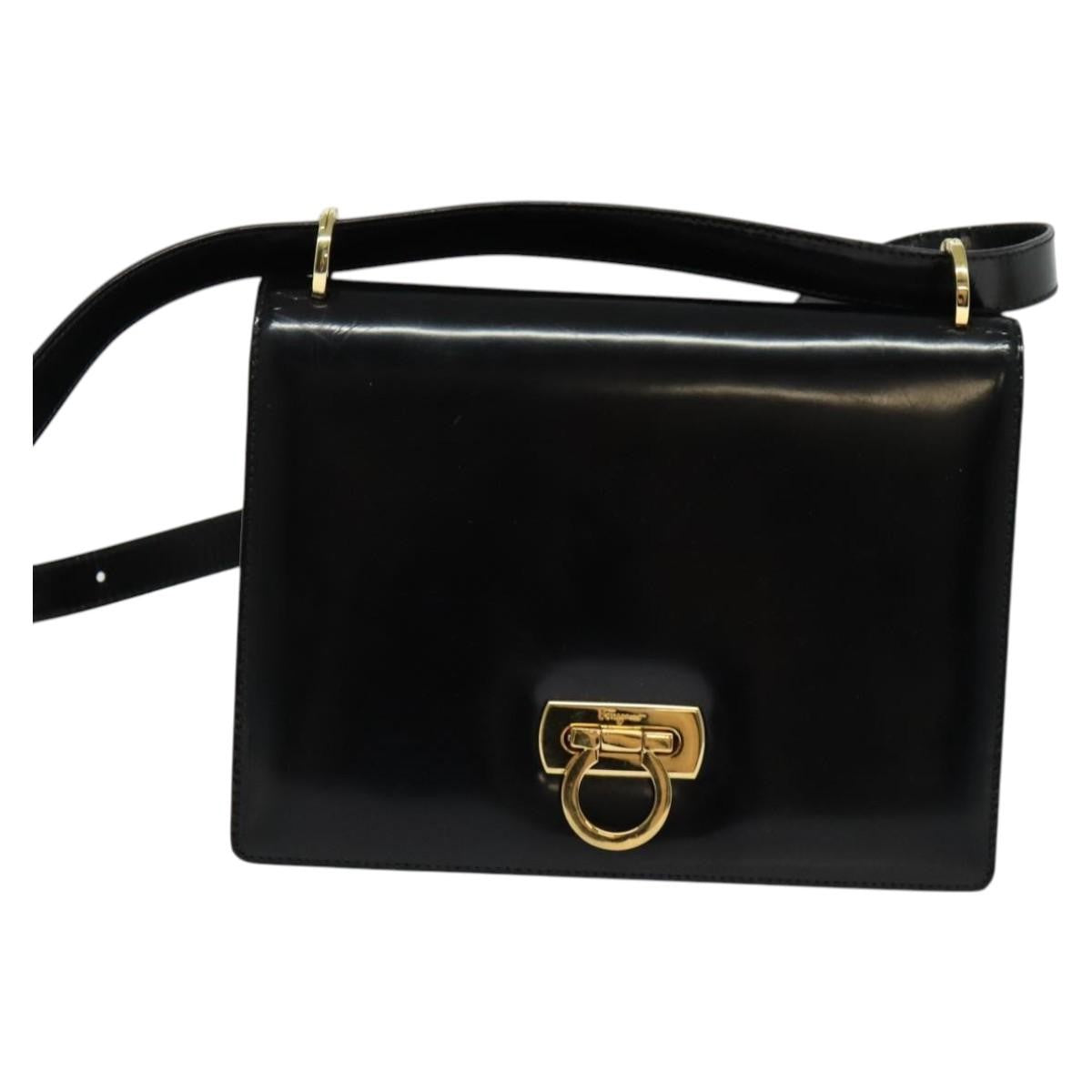 Salvatore Ferragamo Gancini Shoulder Bag Patent Leather, BLACK, PATENT_LEATHER, Shoulder bag