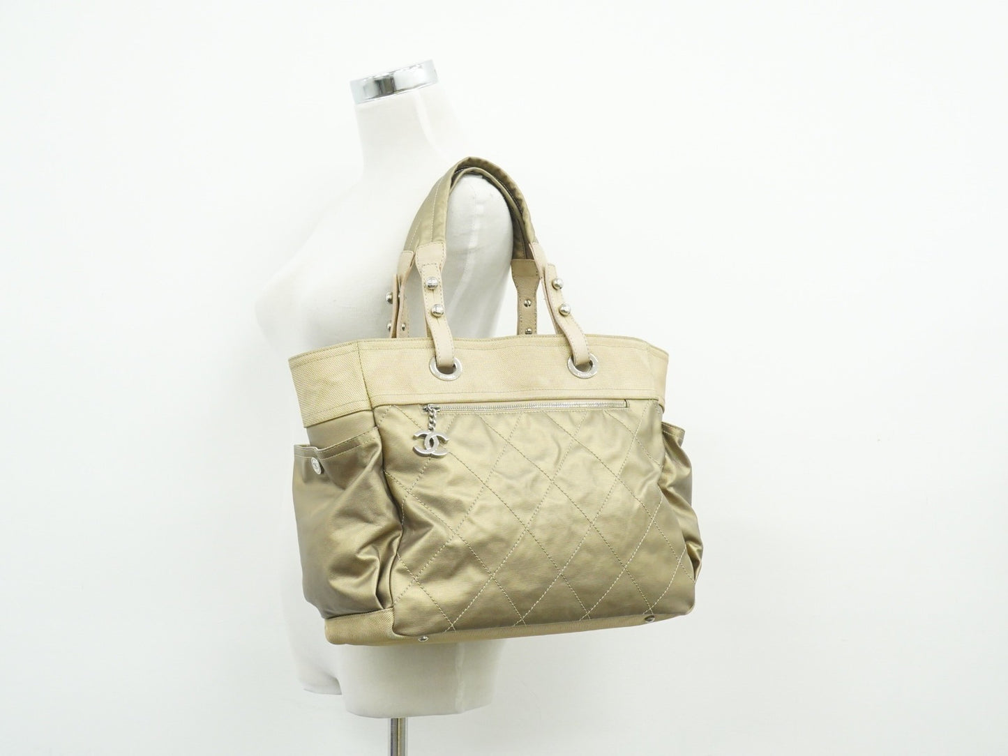 Chanel Biarritz Pocket Tote Quilted Coated Canvas, GOLD, CANVAS, Tote bag