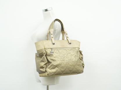 Chanel Biarritz Pocket Tote Quilted Coated Canvas, GOLD, CANVAS, Tote bag