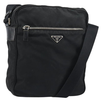 Prada Front Pocket Zip Messenger Bag Tessuto with Saffiano Leather, Black, Nylon, Shoulder Bag