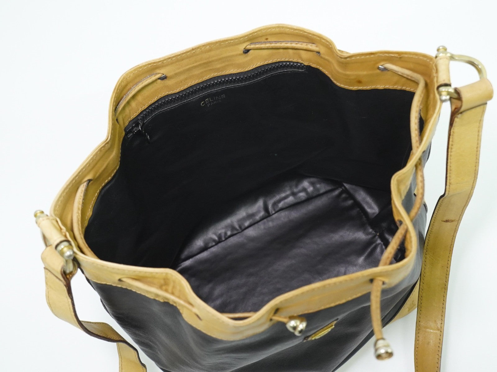 Celine Triomphe Drawstring Bucket Bag Leather, BLACK, LEATHER, Shoulder bag