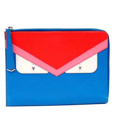 Fendi Monster Clutch Leather, BLUE, LEATHER, Clutche & pouche