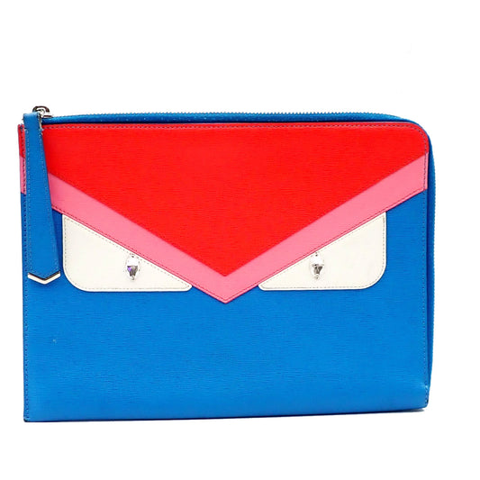 Fendi Monster Clutch Leather, BLUE, LEATHER, Clutche & pouche