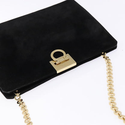 Salvatore Ferragamo Gancini Chain Shoulder Bag Suede, BLACK, SUEDE, Shoulder bag