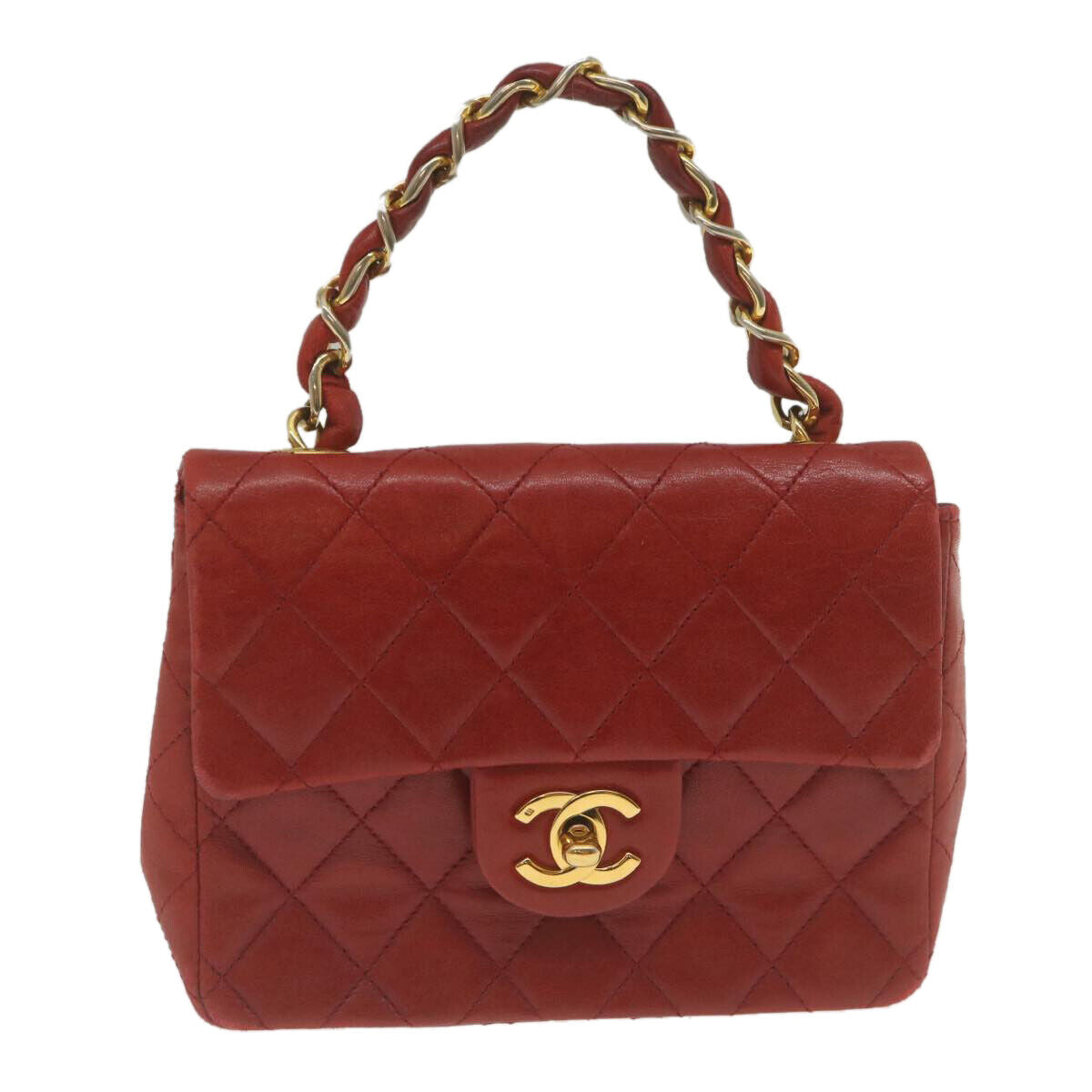 Chanel Vintage Square Chain Handle Flap Bag Quilted Lambskin, RED, LEATHER, Handbag