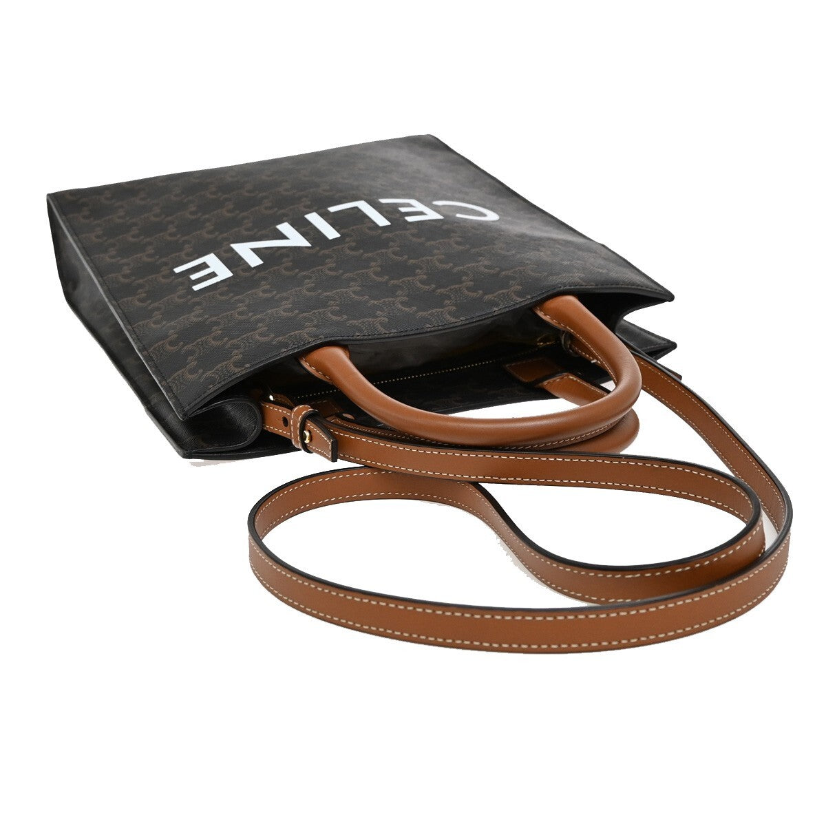 Celine Vertical Cabas Tote Triomphe Coated Canvas, BROWN, CANVAS, Tote bag