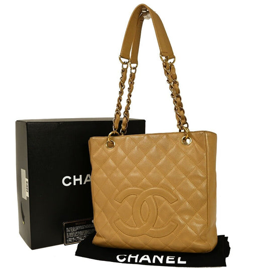 Chanel Petite Shopping Tote Quilted Caviar, BEIGE, LEATHER, Shoulder bag