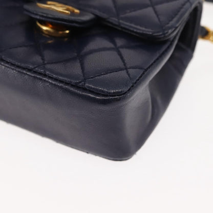 Chanel Square Classic Single Flap Top Handle Bag Quilted Lambskin, NAVY, LEATHER, Clutche & pouche