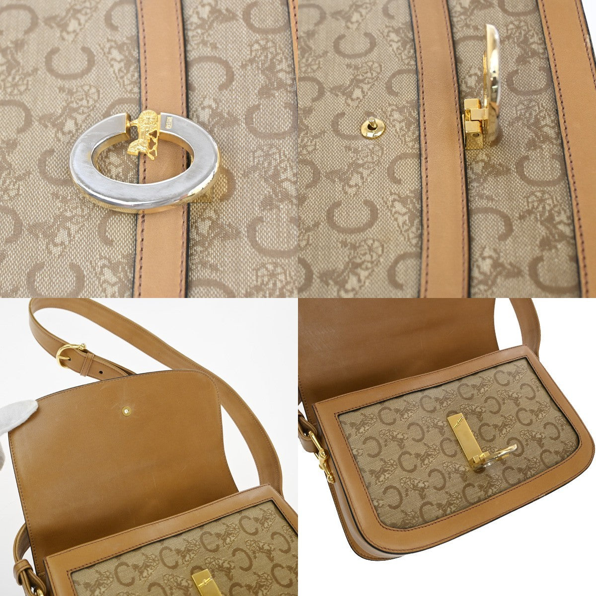 Celine Vintage Horse Carriage C Macadam Shoulder Bag Canvas and Leather, BEIGE, CANVAS, Shoulder bag