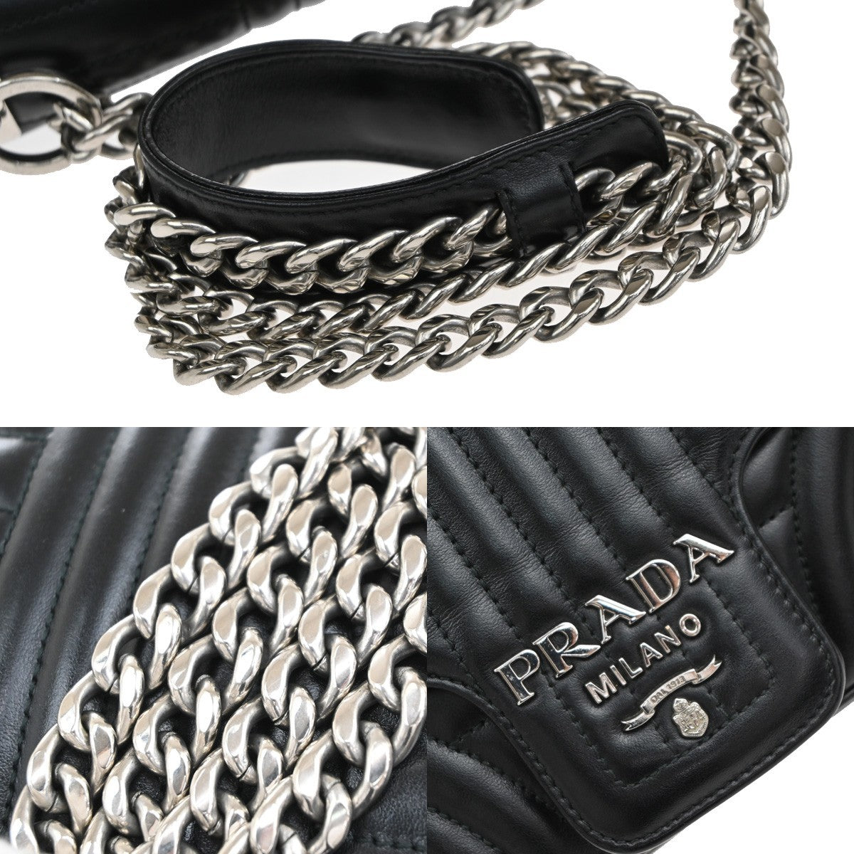 Prada Chain Flap Shoulder Bag Diagramme Quilted Leather, BLACK, LEATHER, Shoulder bag