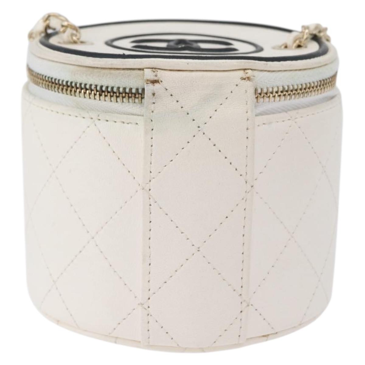 Chanel CC Round Vanity Case with Chain Quilted Lambskin, White, Leather, Clutch