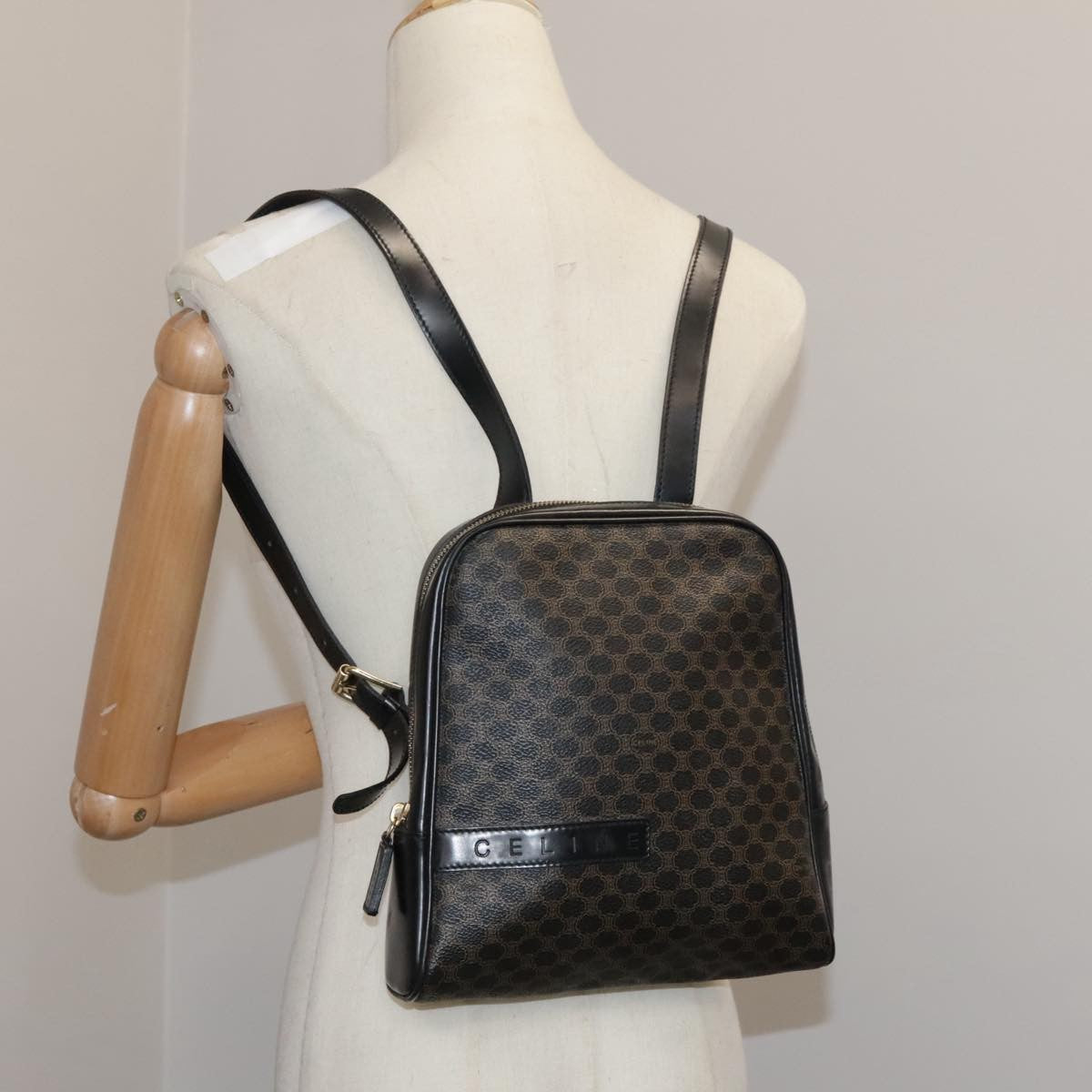 Celine Vintage Macadam Backpack Canvas and Leather, BLACK, CANVAS, Backpack