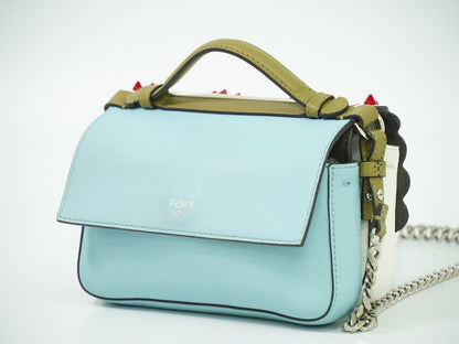 Fendi Double Baguette Embroidered Studded Leather, WHITE, LEATHER, Shoulder bag