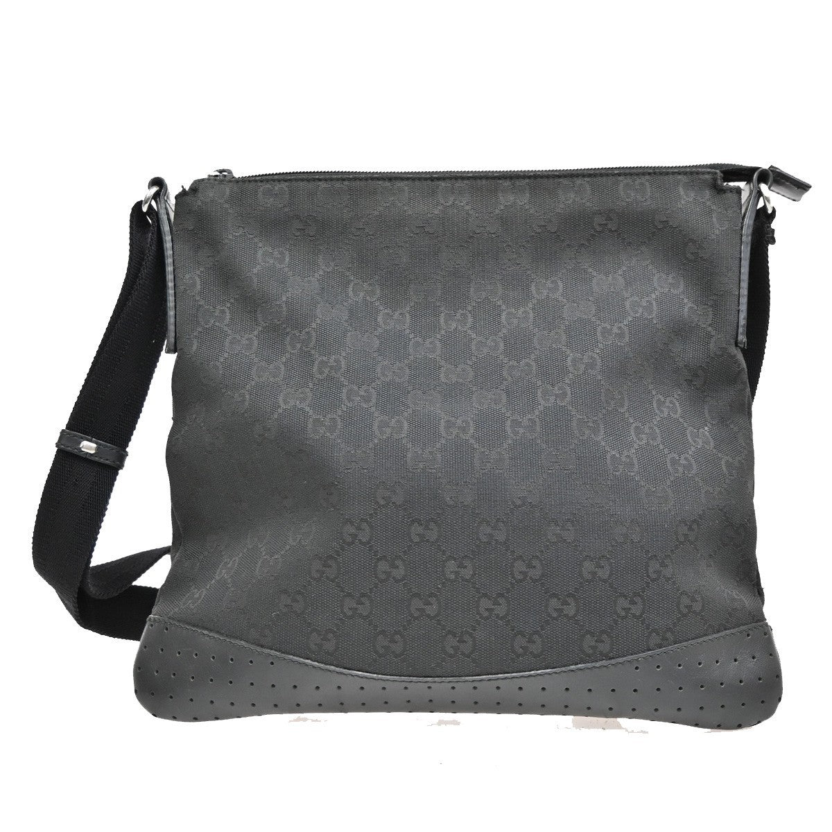 Gucci Zip Messenger Bag GG Canvas with Perforated Leather, BLACK, CANVAS, Shoulder bag