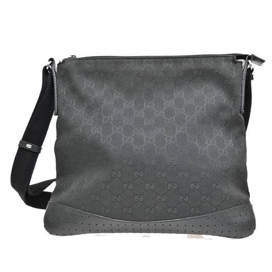 Gucci Zip Messenger Bag GG Canvas with Perforated Leather, BLACK, CANVAS, Shoulder bag