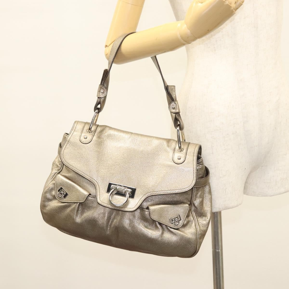 Salvatore Ferragamo Gancini Shoulder Bag Leather, GOLD, LEATHER, Shoulder bag