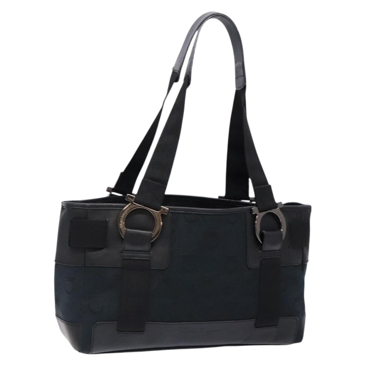 Salvatore Ferragamo Gancini Tote Canvas, BLACK, CANVAS, Tote bag