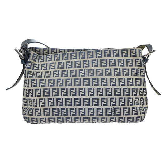 Fendi Vintage Flap Shoulder Bag Zucchino Canvas with Leather, NAVY, CANVAS, Shoulder bag