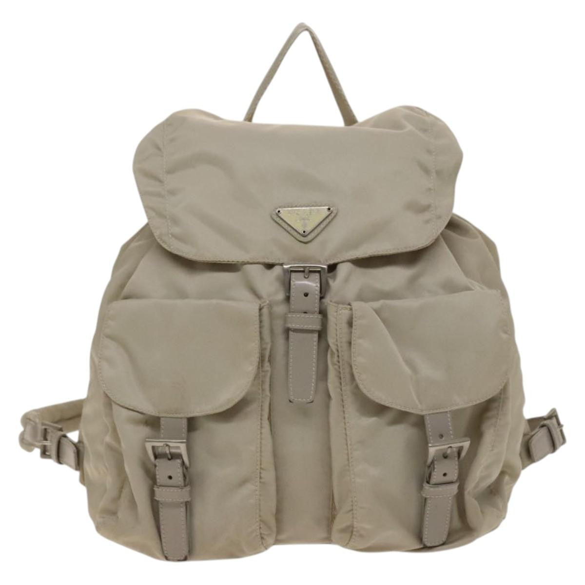 Prada Vela Double Front Pocket Backpack Tessuto with Saffiano Leather, SILVER, NYLON, Backpack