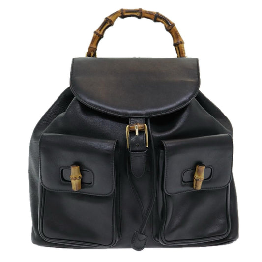 Gucci Vintage Bamboo Backpack Leather, Black, Leather, Backpack