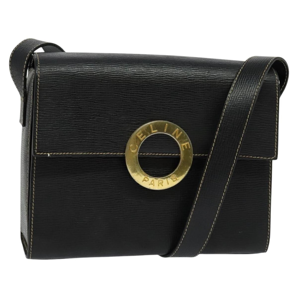 Celine Vintage Circle Logo Crossbody Bag Leather, BLACK, LEATHER, Crossbody bag