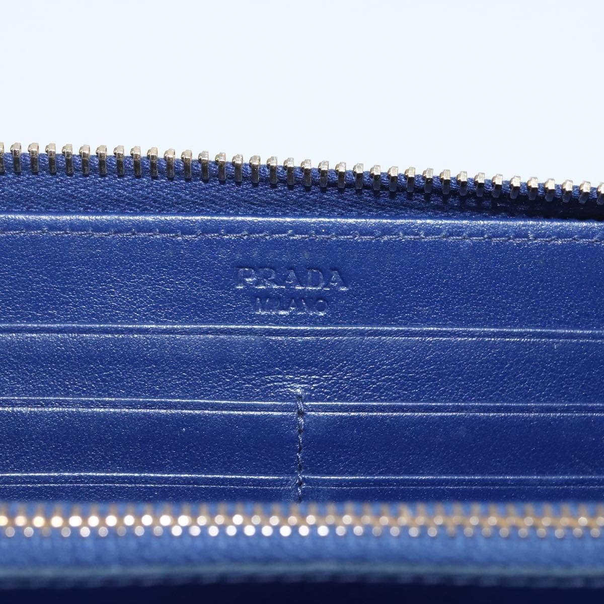 Prada Zip Around Organizer Wallet Saffiano Leather with Applique, BLUE, LEATHER, Wallets
