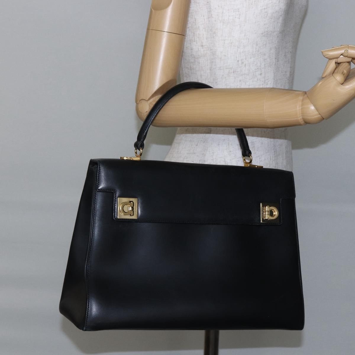 Salvatore Ferragamo Gancini handbag Leather, BLACK, LEATHER, Handbag