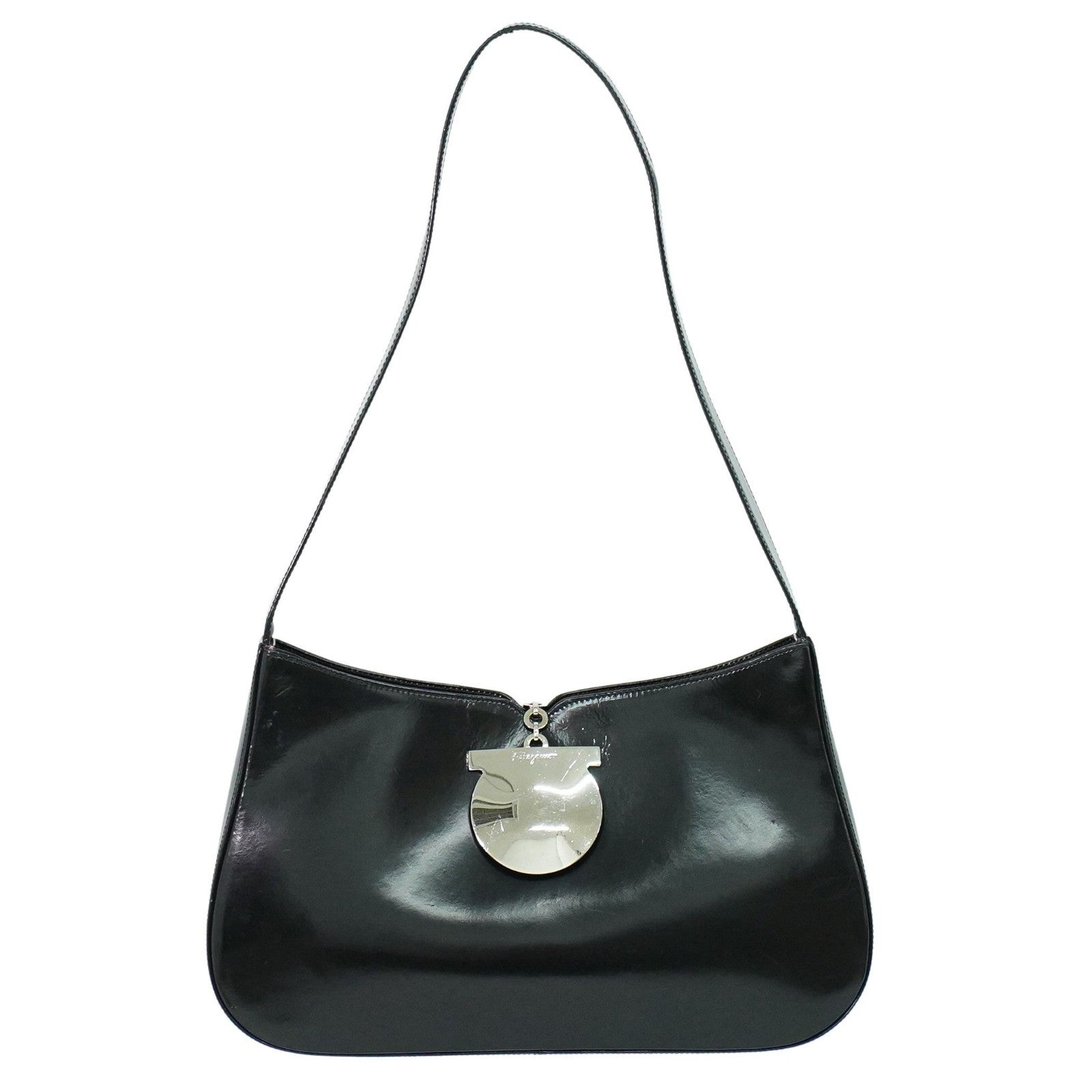 Salvatore Ferragamo Gancini Shoulder Bag Leather, BLACK, PATENT_LEATHER, Shoulder bag