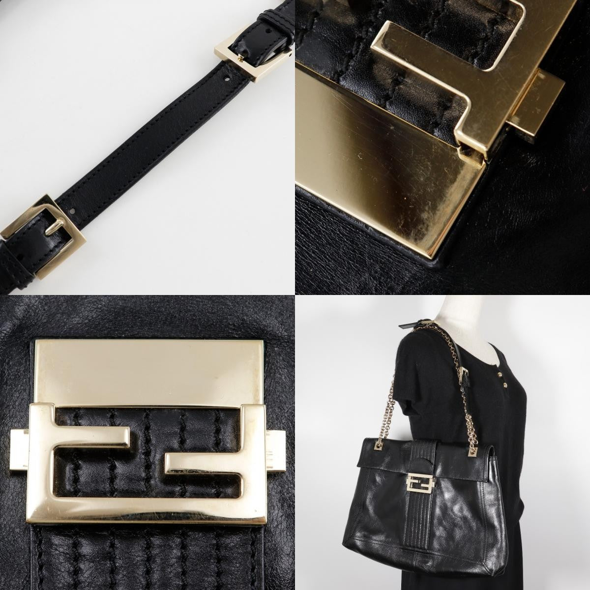 Fendi Maxi Baguette Chain Shoulder Bag Leather, BLACK, LEATHER, Tote bag