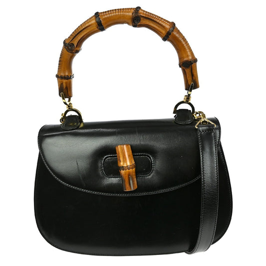 Gucci Vintage Convertible Bamboo Top Handle Bag Leather, BLACK, LEATHER, Handbag