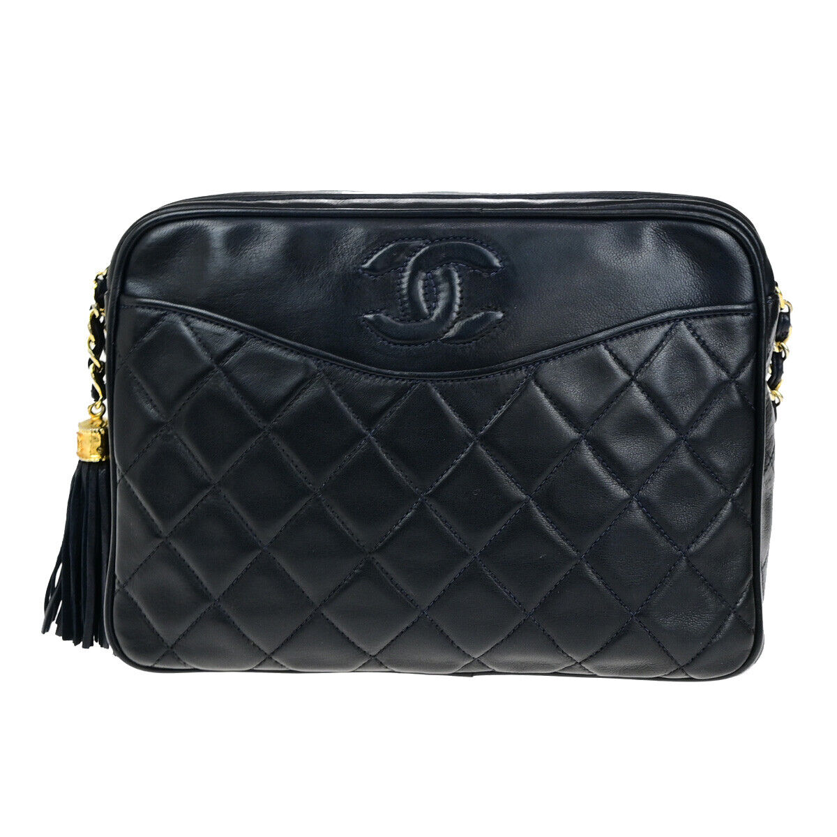 Chanel Vintage Camera Tassel Bag Quilted Leather, NAVY, LEATHER, Shoulder bag