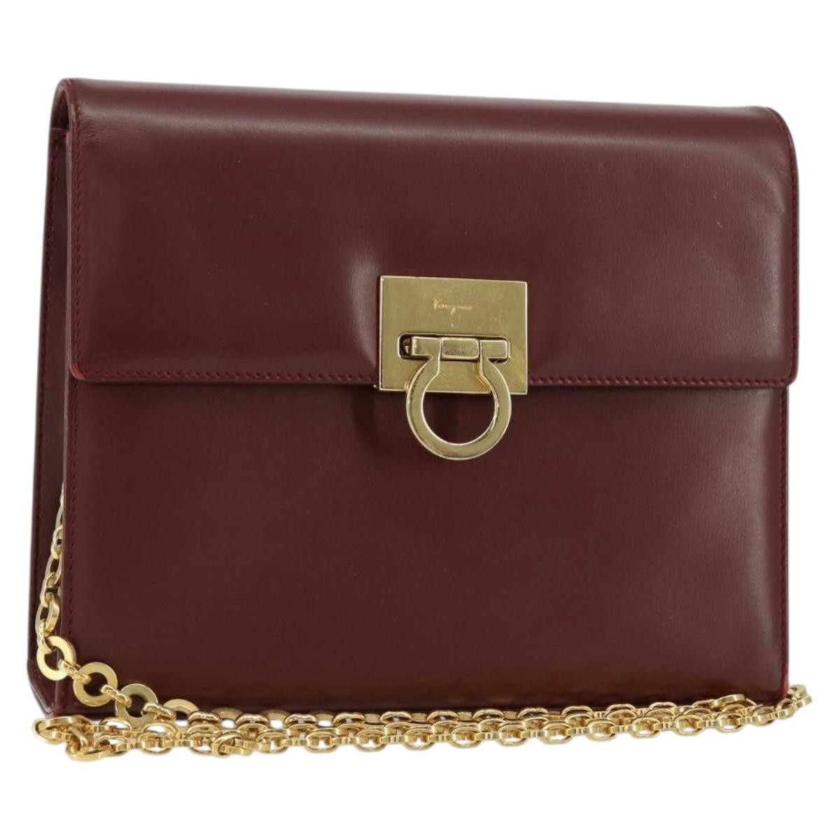 Salvatore Ferragamo Vintage Gancini Chain Shoulder Bag Leather, BURGUNDY, LEATHER, Shoulder bag