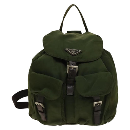 Prada Vela Double Front Pocket Backpack Tessuto with Saffiano Leather, KHAKI, NYLON, Backpack