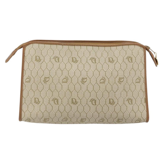 Christian Dior Vintage Honeycomb Zip Pouch Coated Canvas, Beige, Canvas, Clutch