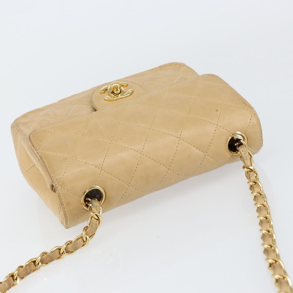 Chanel Vintage Square Classic Single Flap Bag Quilted Lambskin, BEIGE, LEATHER, Shoulder bag